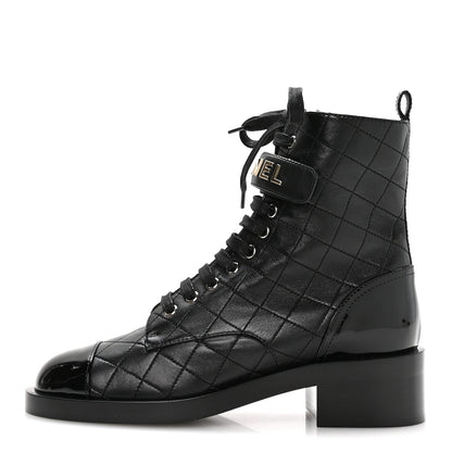 Chanel Lambskin Patent Calfskin Quilted Logo Lace Up Combat Boots 39.5 Black 1 of 9