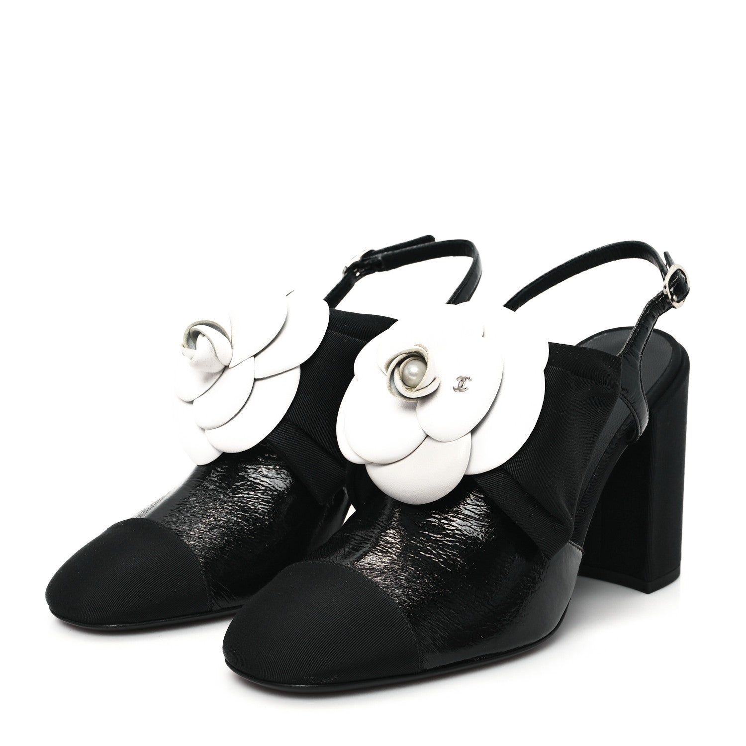 Chanel Crumpled Shiny Fabric Grosgrain Cap Toe Camellia Bow Slingback Pumps 38 Black 4 of 10