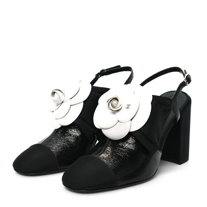 Chanel Crumpled Shiny Fabric Grosgrain Cap Toe Camellia Bow Slingback Pumps 38 Black 4 of 10
