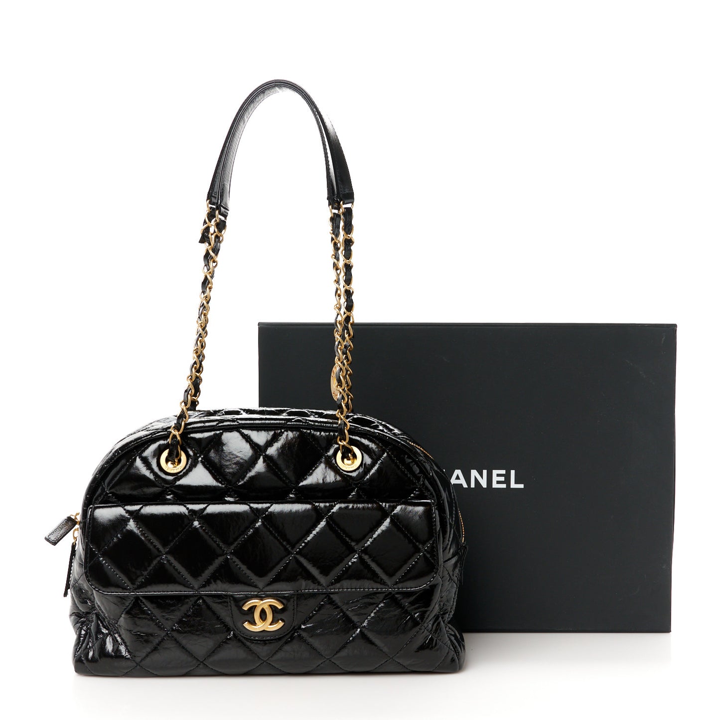 Shiny Crumpled Calfskin Quilted Large Bowling Bag Black