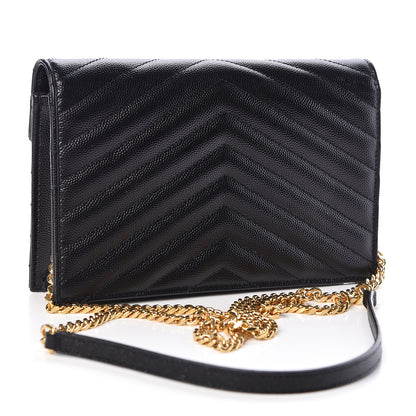 Saint Laurent Grain De Poudre Matelasse Chevron Monogram Envelope Chain Wallet Black 3 of 10