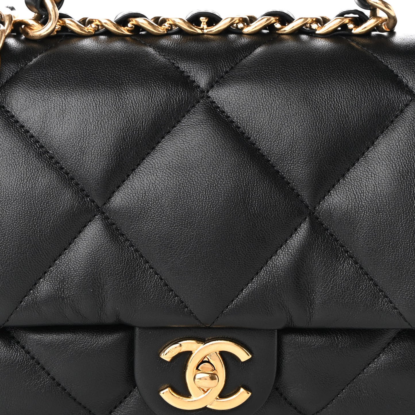Lambskin Quilted Chain Top Handle Flap Black