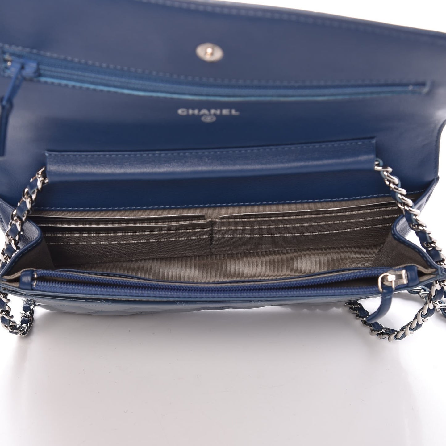 Patent Quilted Brilliant Wallet On Chain WOC Blue