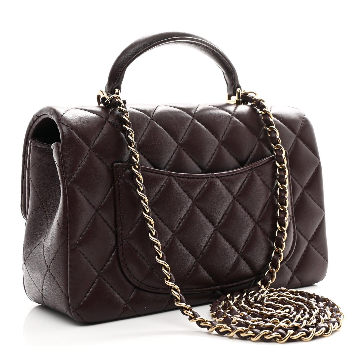 Lambskin Quilted Mini Top Handle Rectangular Flap Dark Brown