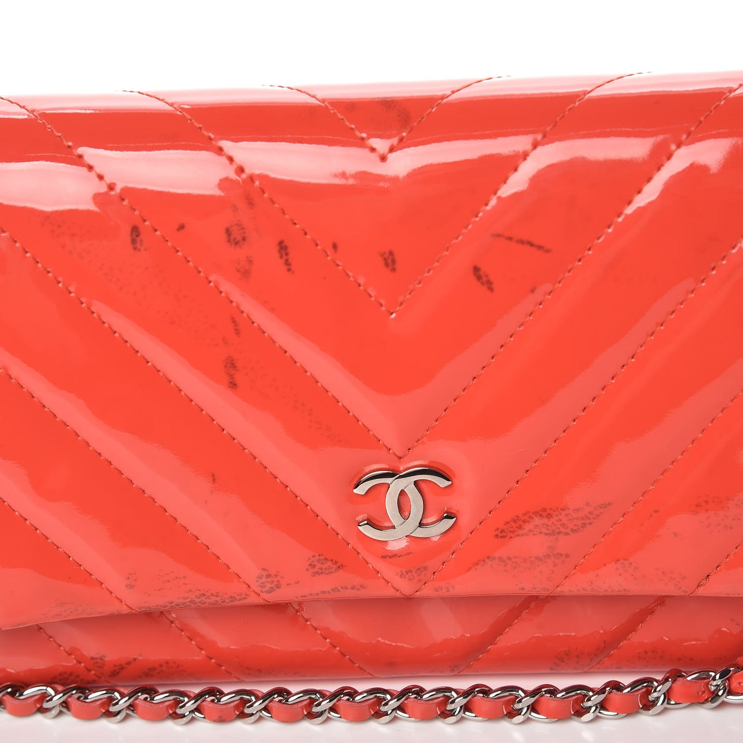 Patent Calfskin Chevron Quilted Wallet On Chain WOC Red