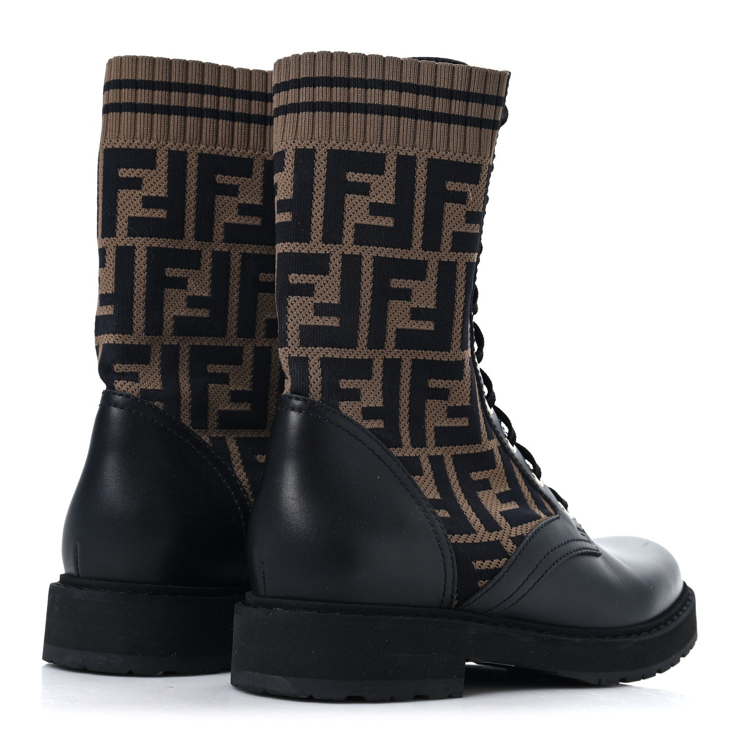 Fendi Calfskin Stretch Fabric FF Rockoko Biker Boots 37.5 Black Tobacco 4 of 7
