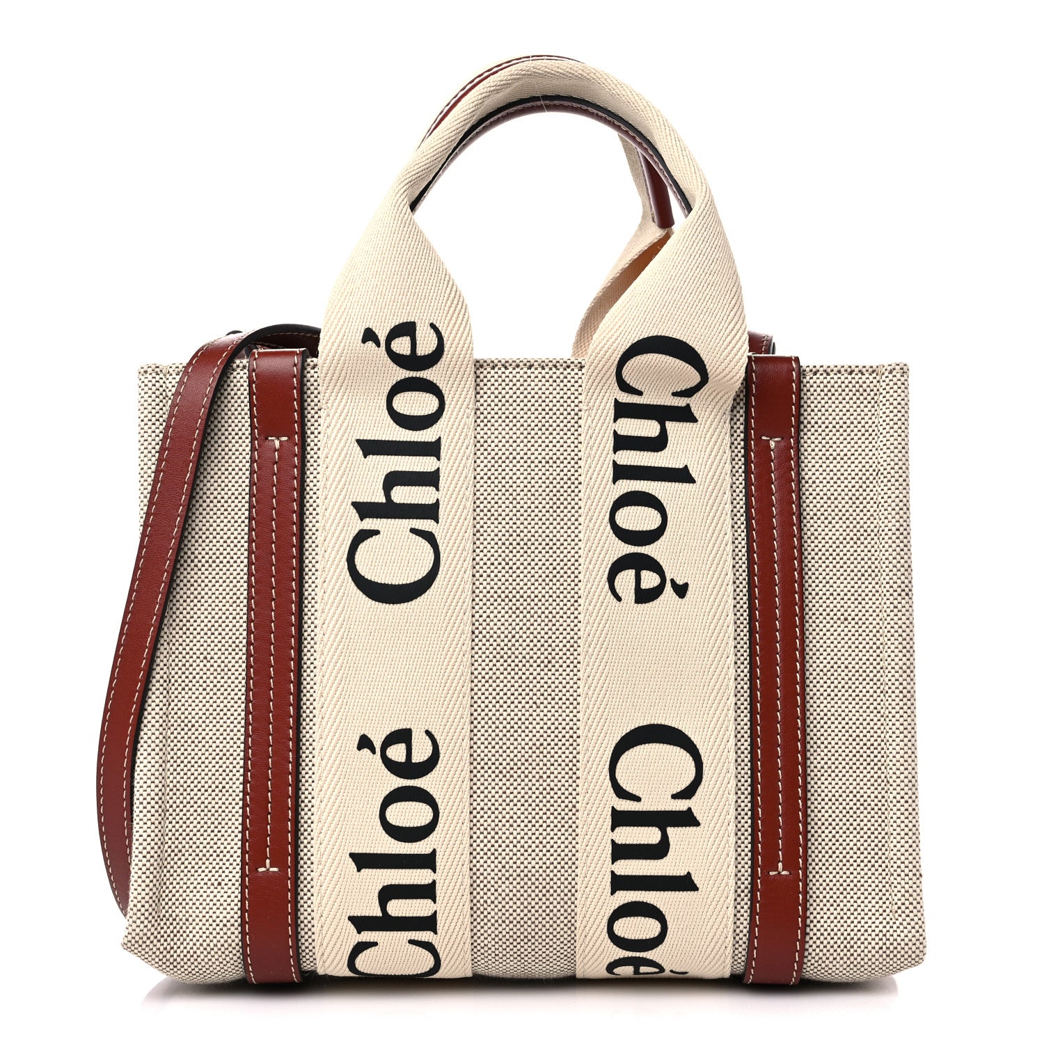 Chloe Cotton Calfskin Small Woody Ribbon Tote With Strap White Brown 1 of 8