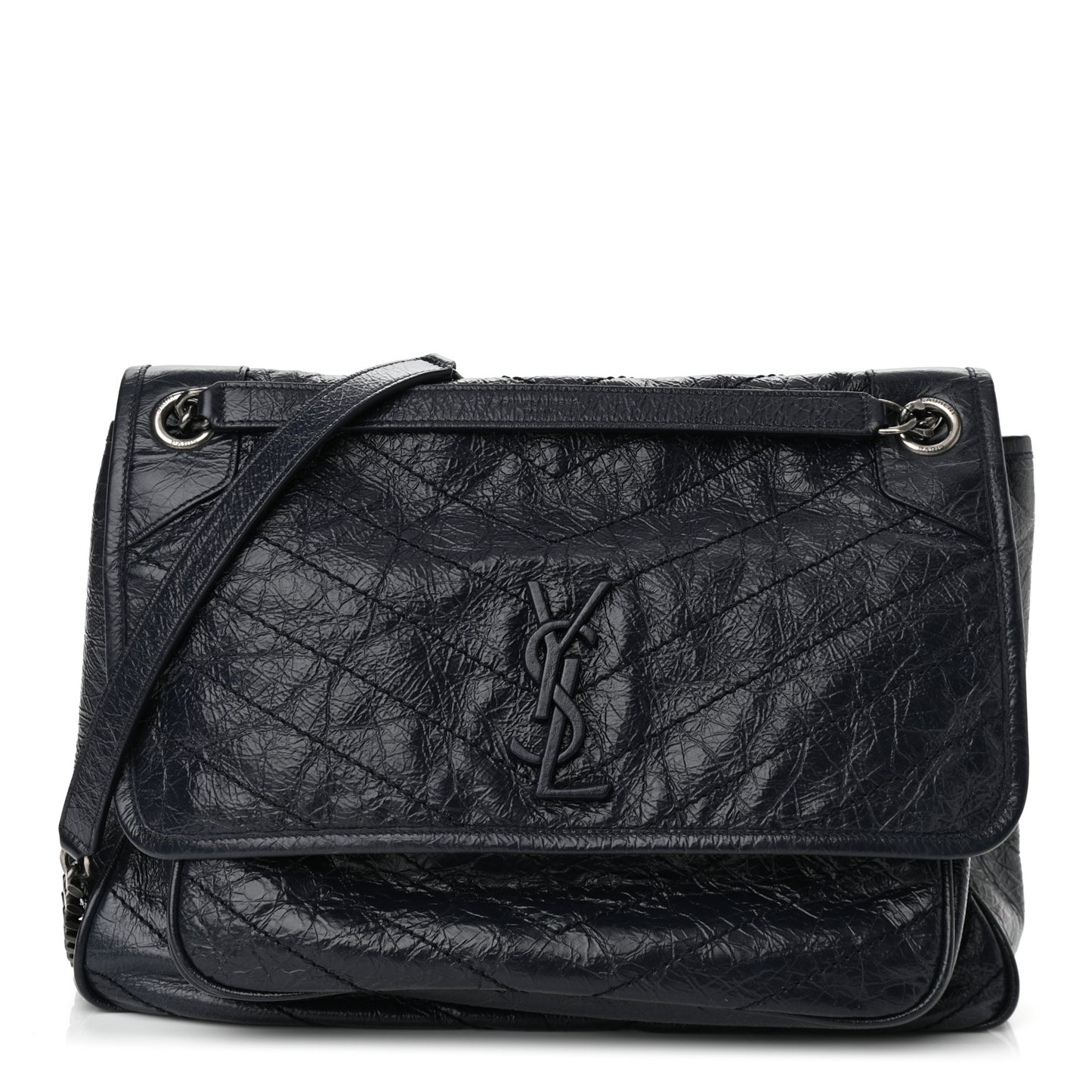 Crinkled Calfskin Matelasse Monogram Large Niki Chain Satchel Deep Marine