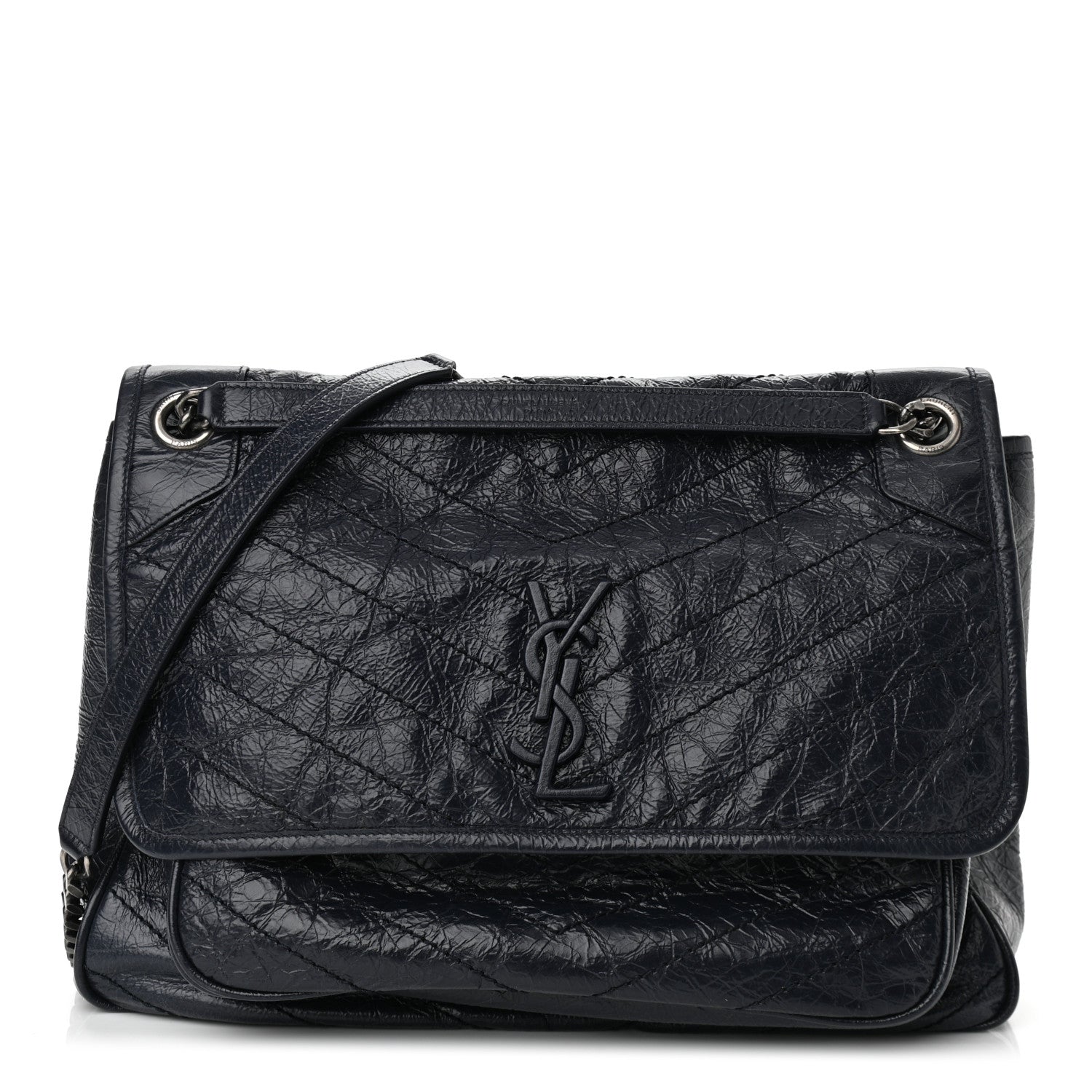 Saint Laurent Crinkled Calfskin Matelasse Monogram Large Niki Chain Satchel Deep Marine 1 of 8