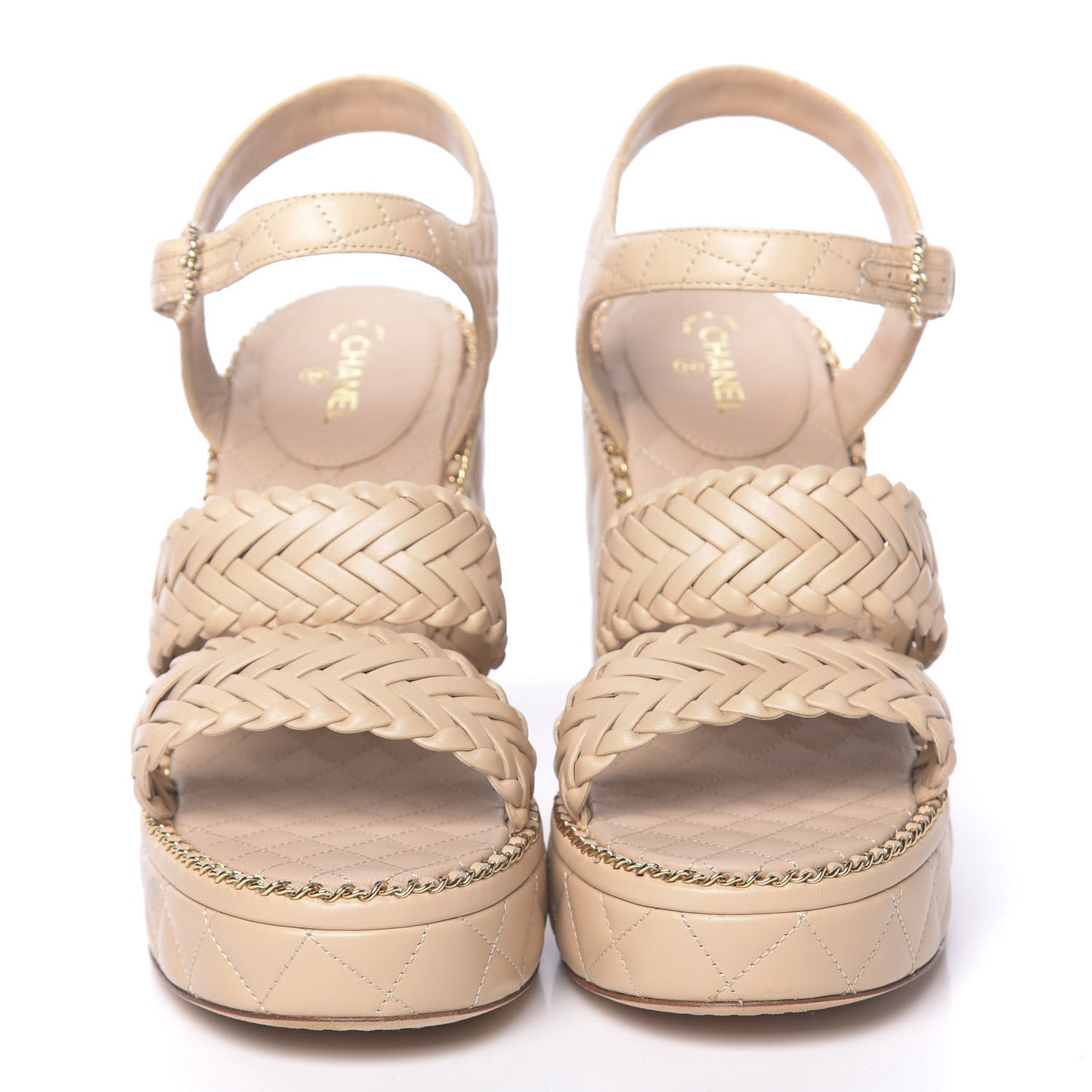 Calfskin Quilted Chain Around Wedge Sandals 40 Light Beige