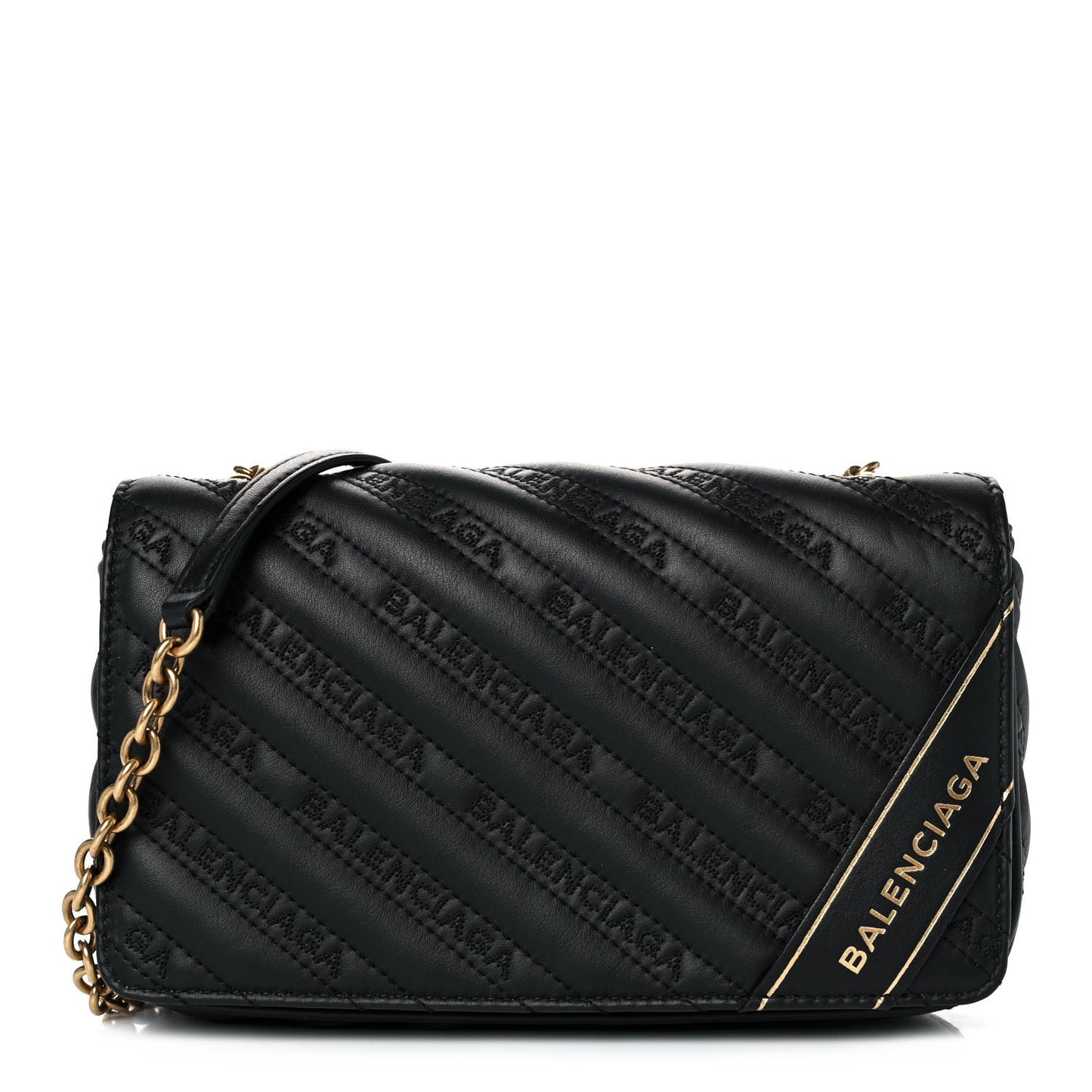 Calfskin Logo Embroidered Shoulder Bag Black
