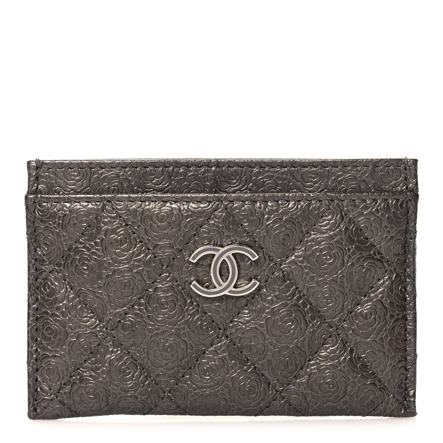 Chanel Metallic Calfskin Camellia Embossed Quilted Card Holder Grey 1 of 9