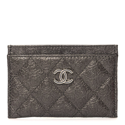 Chanel Metallic Calfskin Camellia Embossed Quilted Card Holder Grey 1 of 9