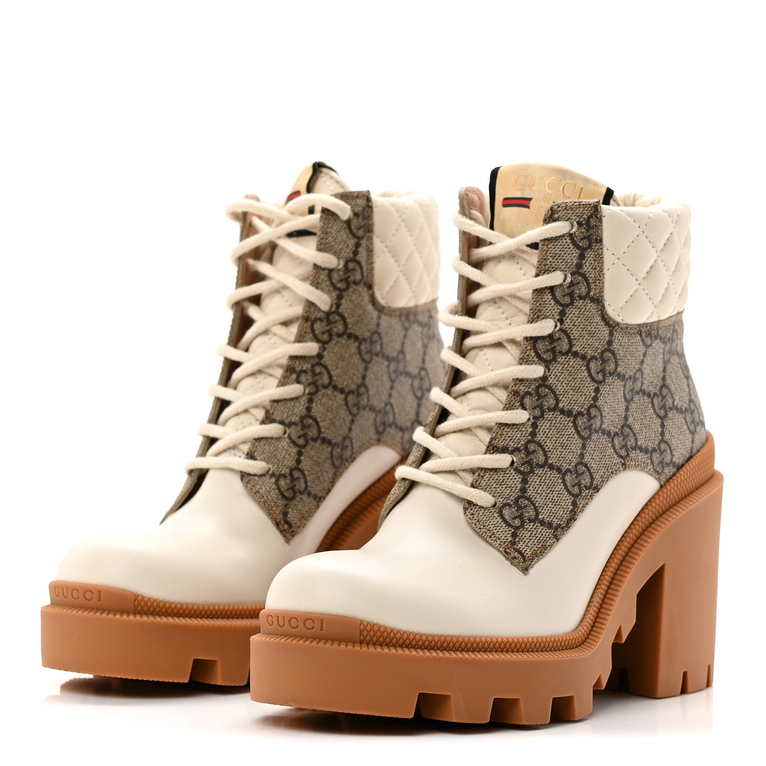 Gucci Calfskin GG Supreme Monogram Nappa Quilted Lace Up Ankle Boots 35 Mystic White Beige 3 of 9