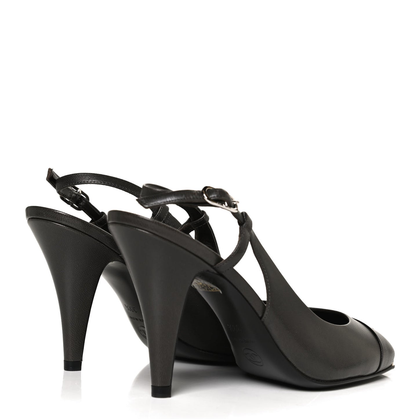 Lambskin Cap Toe CC Slingback Heels 39.5 Grey Black