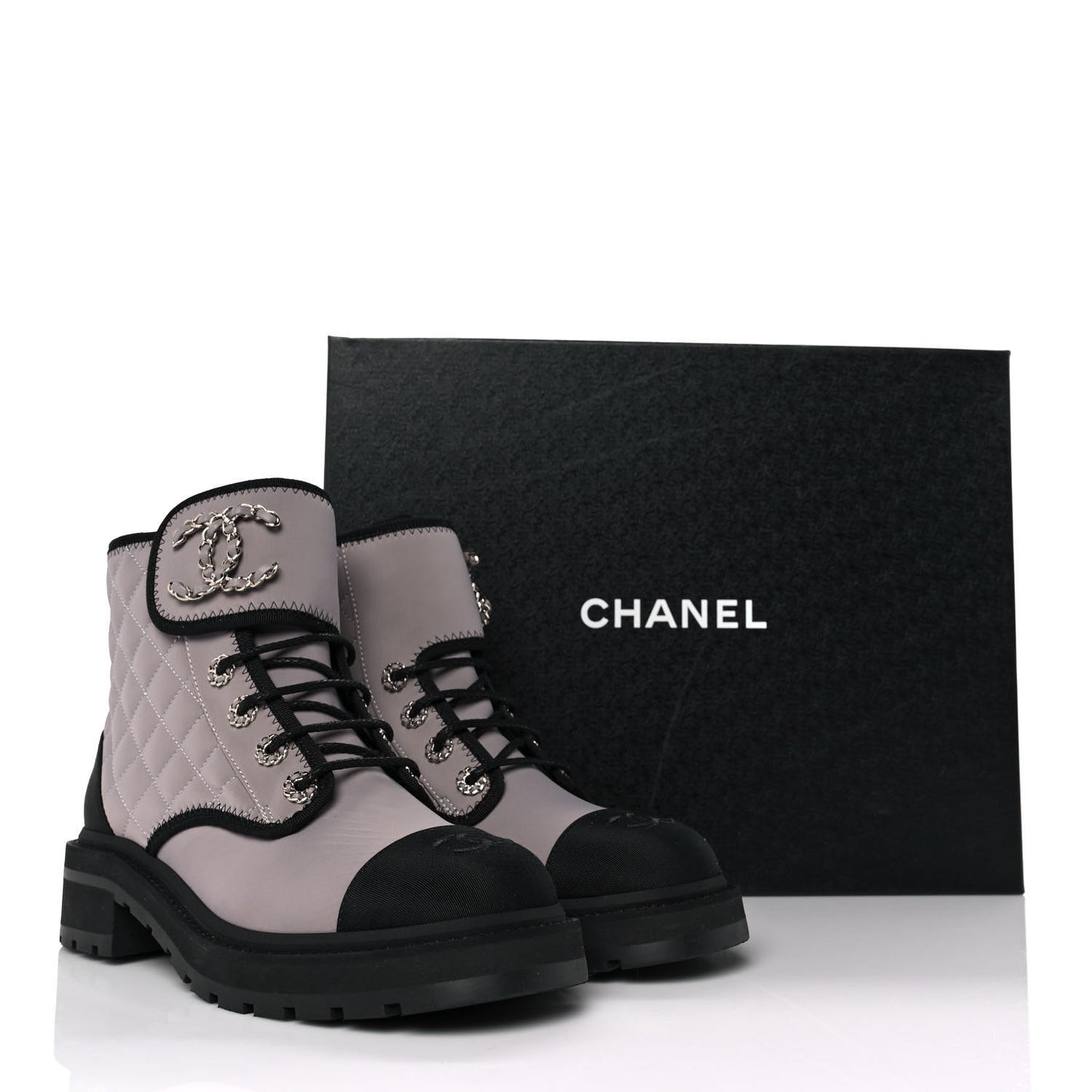 Fabric Grosgrain Quilted Cap Toe Lace Up Combat Boots 38.5 Gray