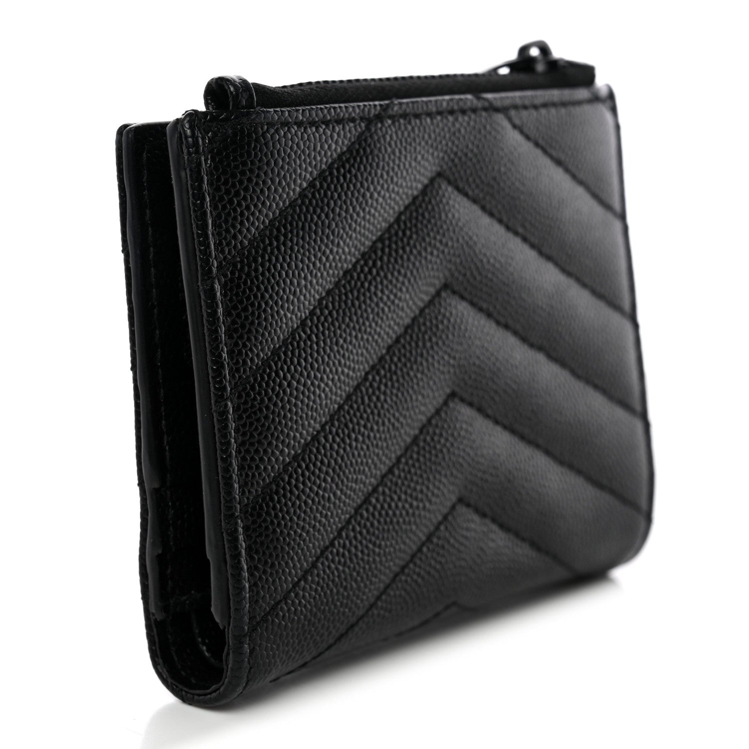 Saint Laurent Grain De Poudre Matelasse Chevron Monogram Zipped Two-Part Wallet Black 3 of 9