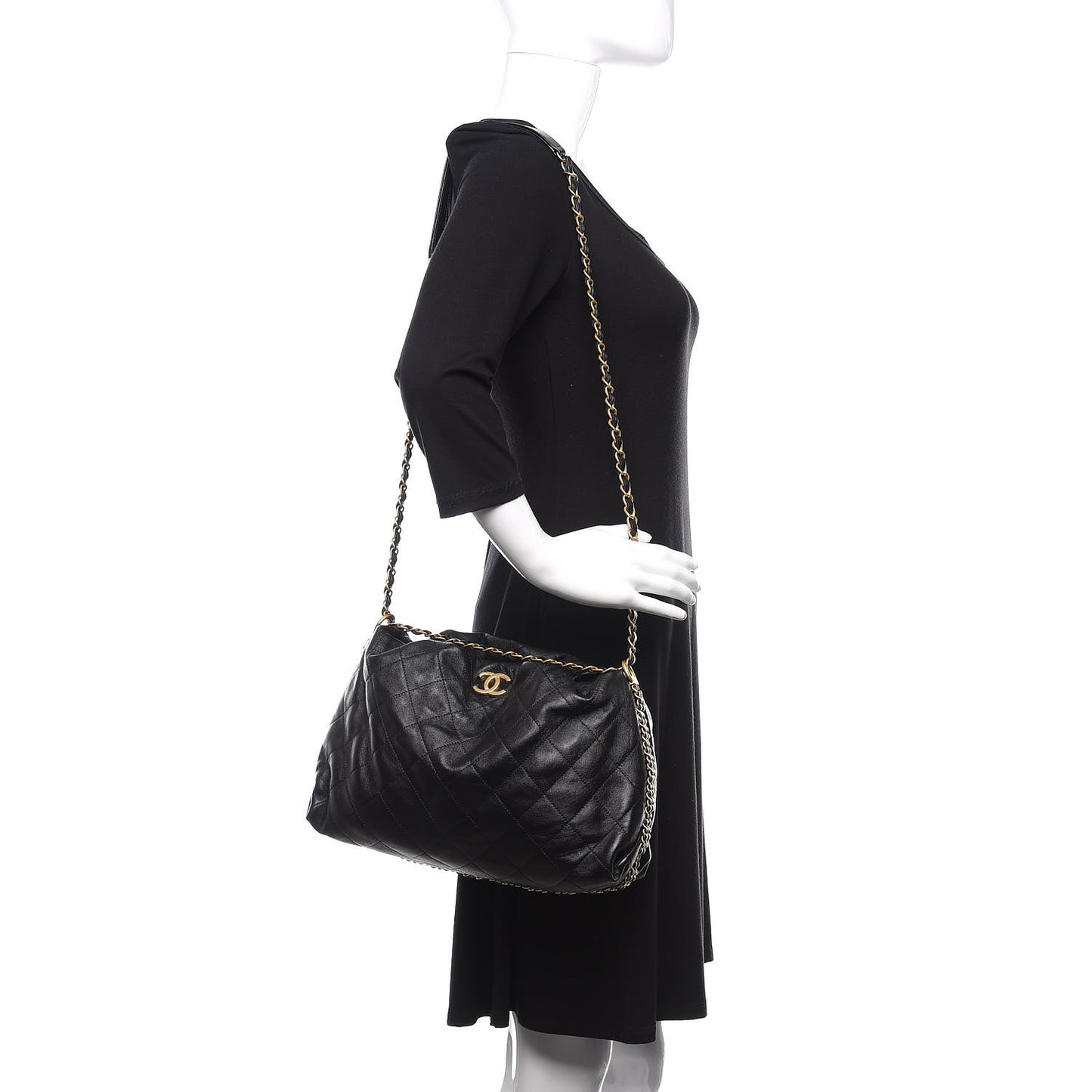 Calfskin Quilted Chain Around Tote Black