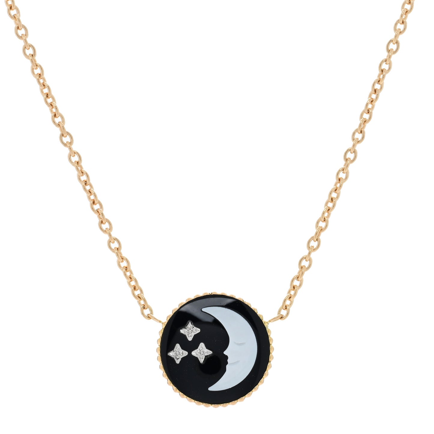 18K Yellow Gold Platinum Black Onyx Mother of Pearl Diamond Rose Celeste Pendant Necklace