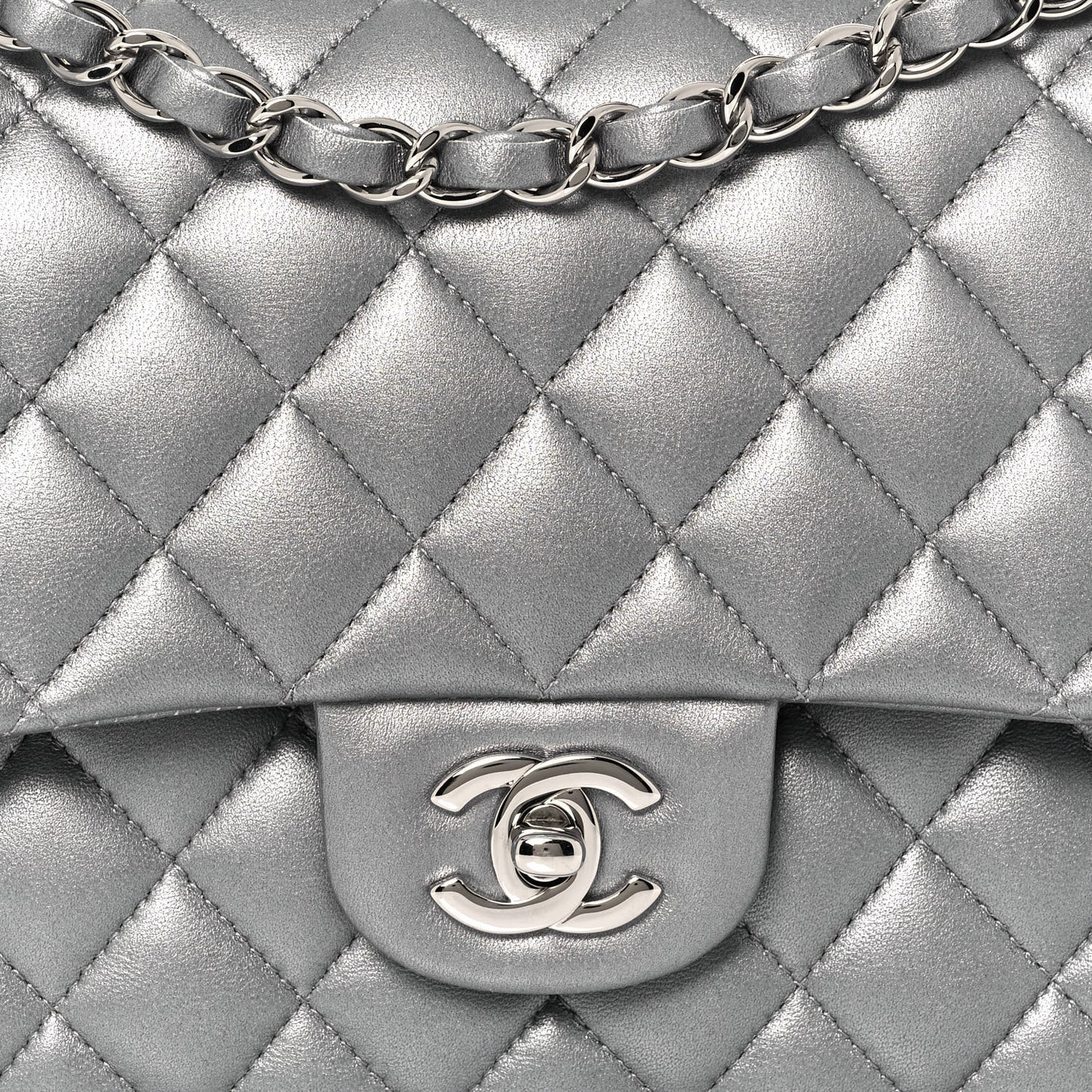 Metallic Lambskin Quilted Medium Double Flap Silver