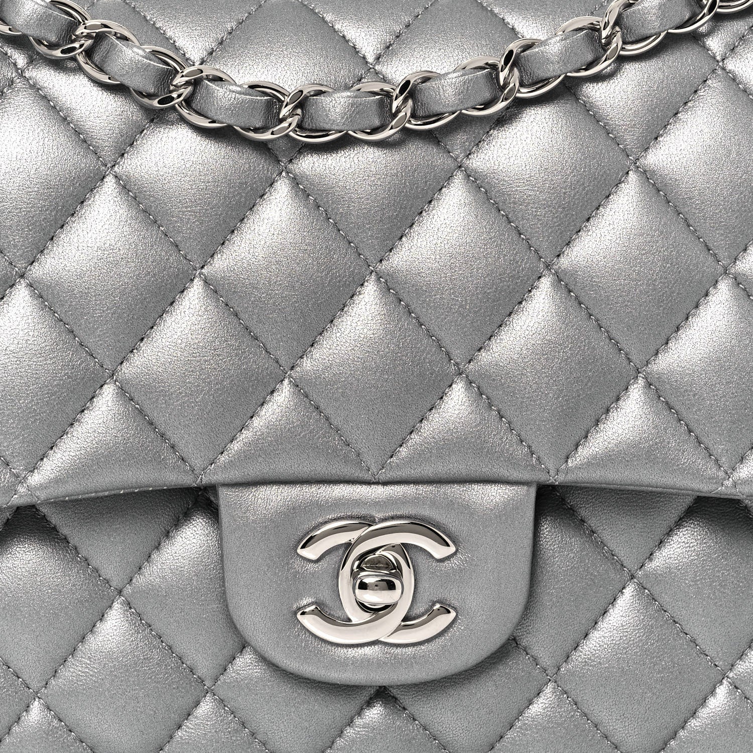 Chanel Metallic Lambskin Quilted Medium Double Flap Silver 8 of 14