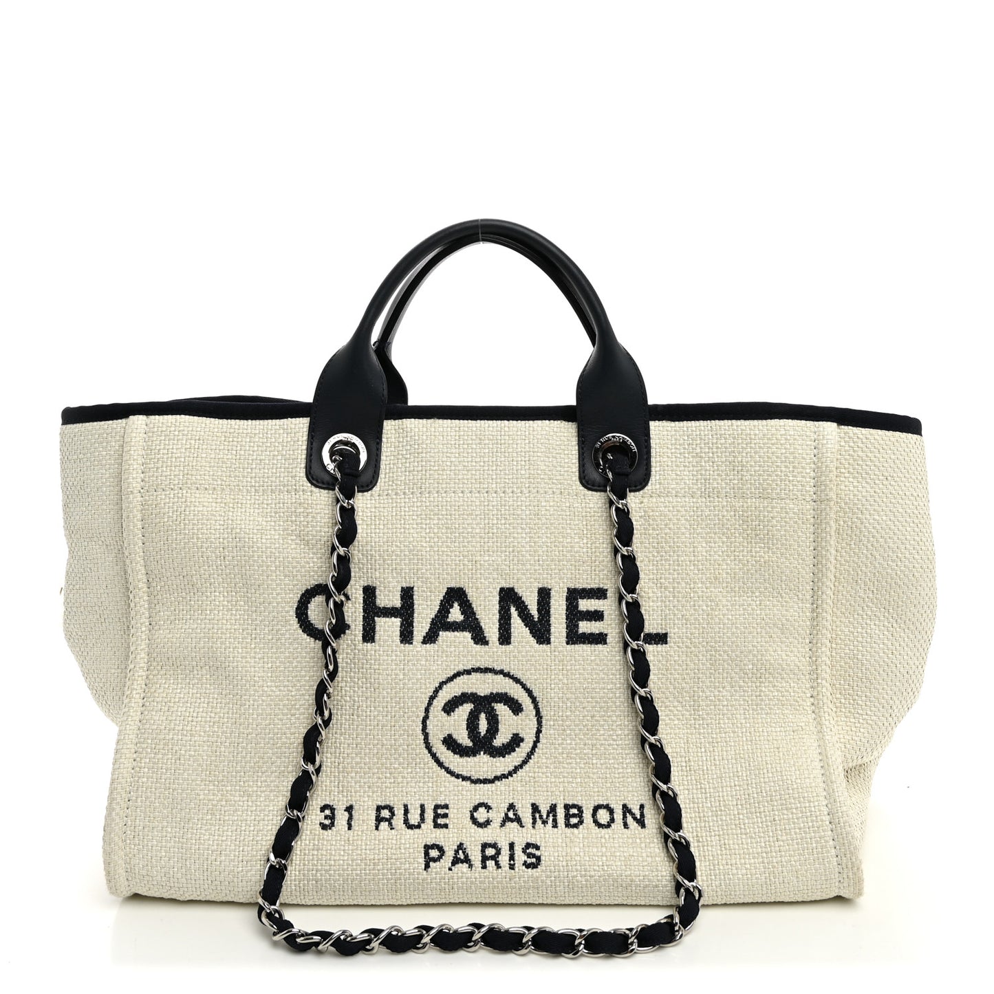 Woven Straw Raffia Medium Deauville Tote White Navy
