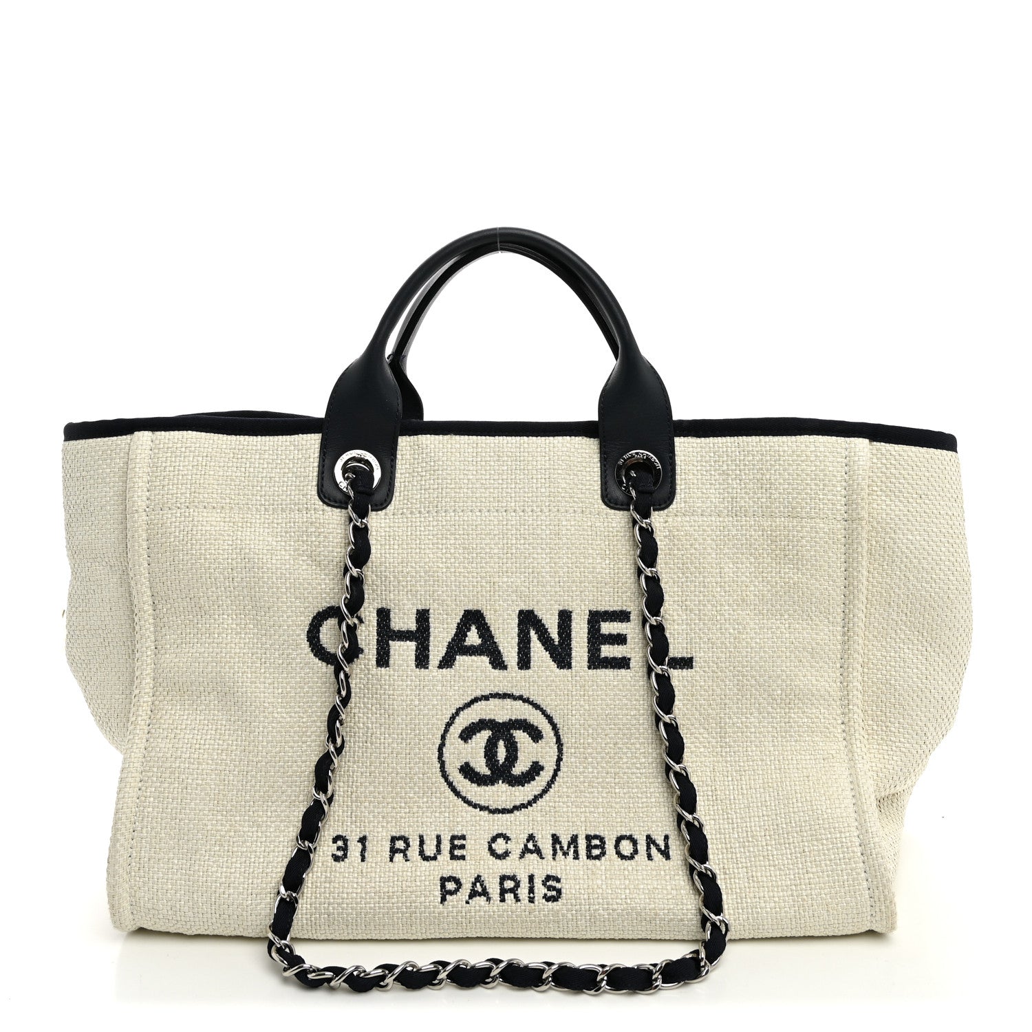 Chanel Woven Straw Raffia Medium Deauville Tote White Navy 1 of 11