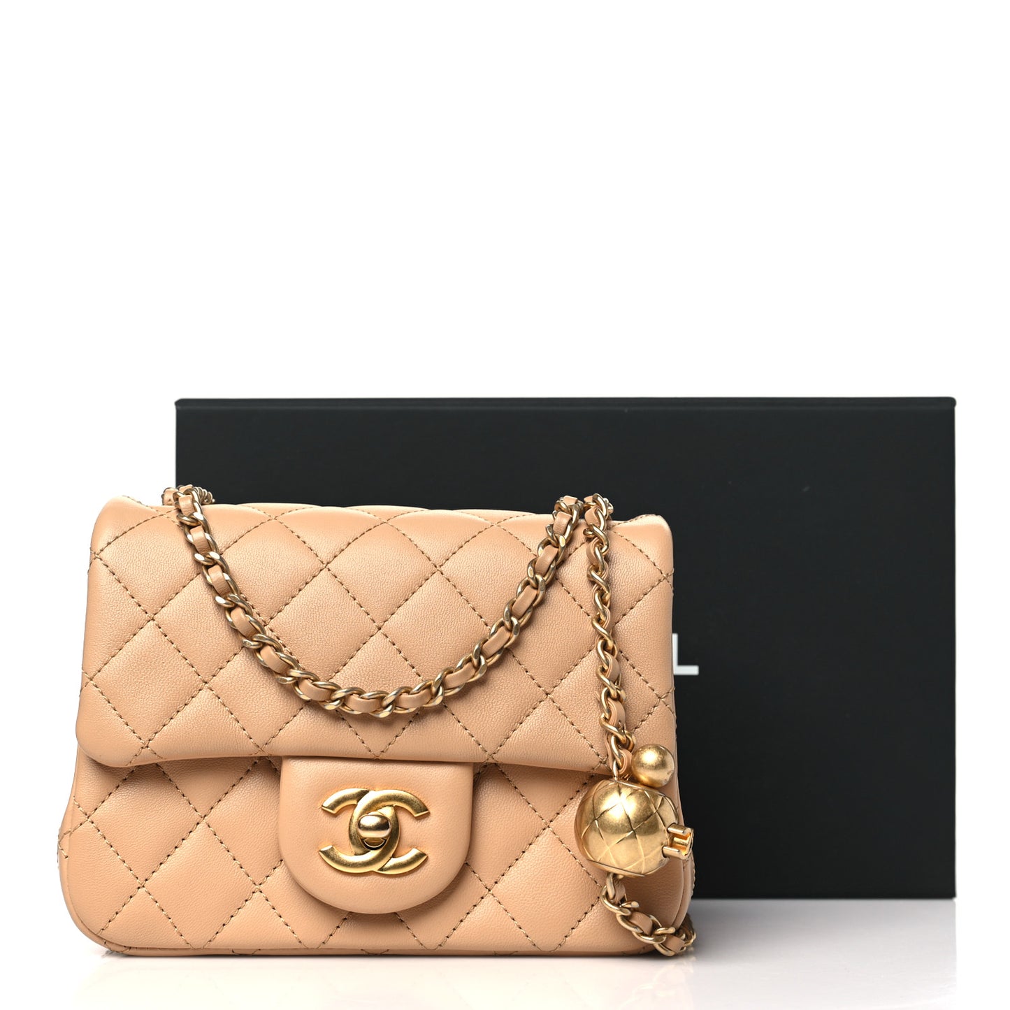 Lambskin Quilted Mini Pearl Crush Flap Beige