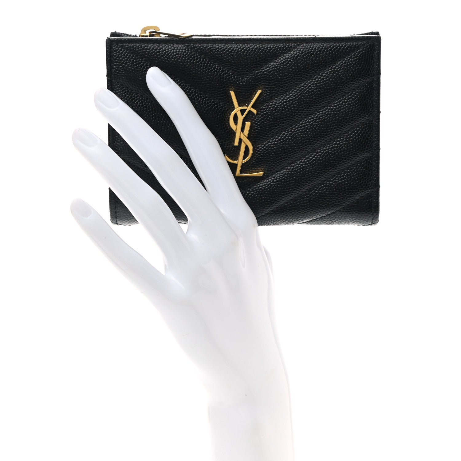 Saint Laurent Grain De Poudre Matelasse Chevron Monogram Zipped Two-Part Wallet Black 2 of 7