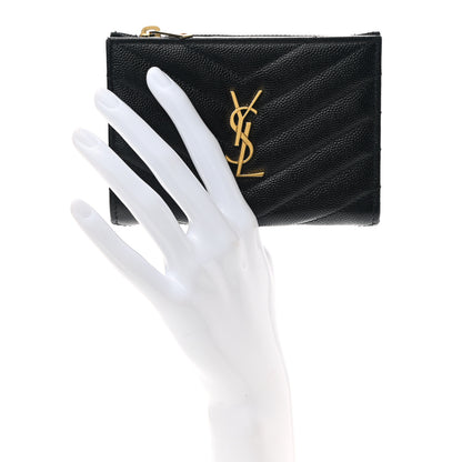 Saint Laurent Grain De Poudre Matelasse Chevron Monogram Zipped Two-Part Wallet Black 2 of 7