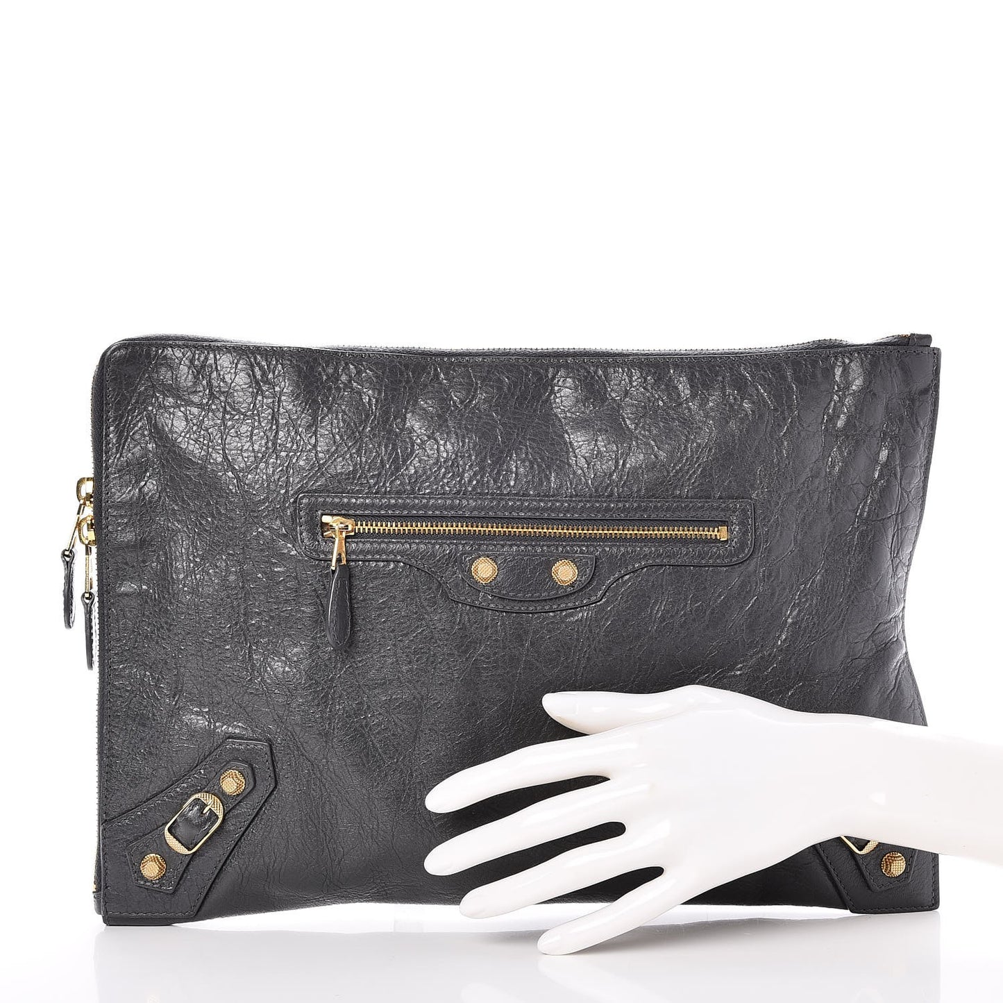 Agneau Giant 12 Gold Hardware Pouch Clutch Gris Fossile