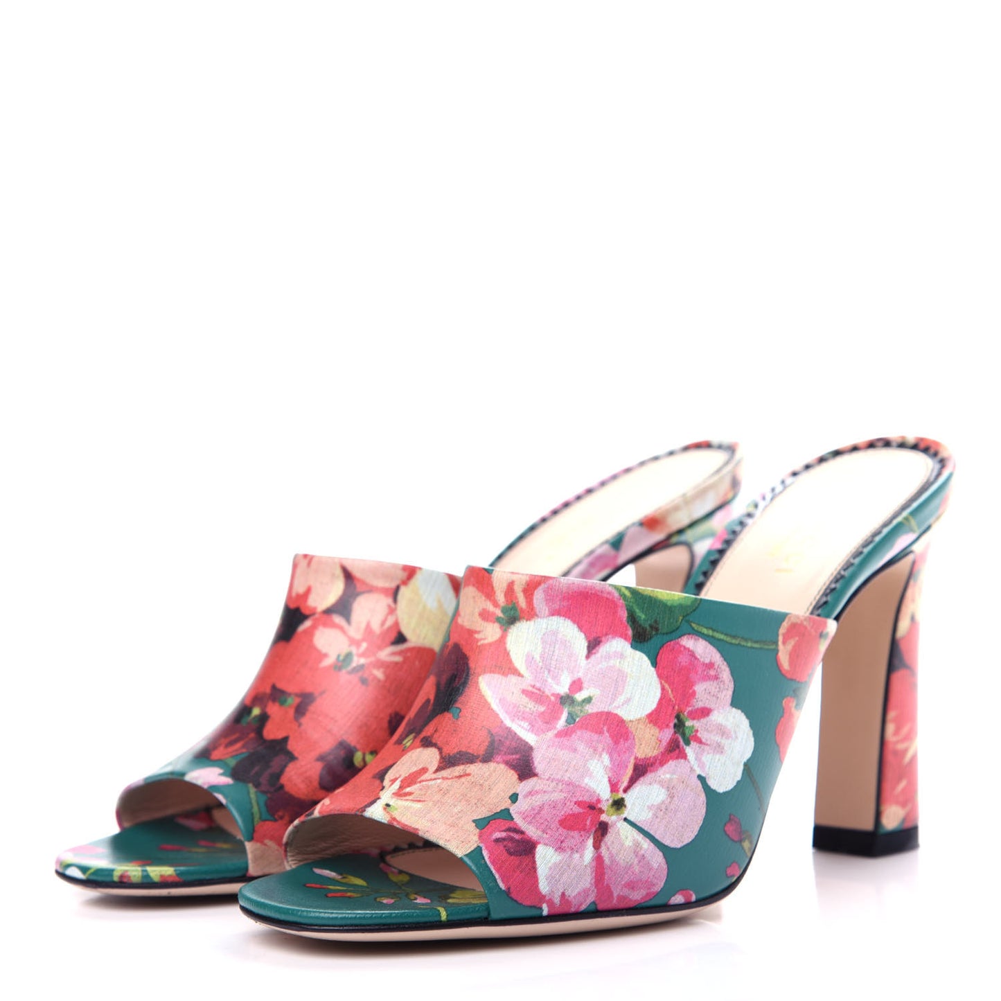 Calfskin Blooms Print High Heel Slide Sandals 37 Bright Emerald Multicolor