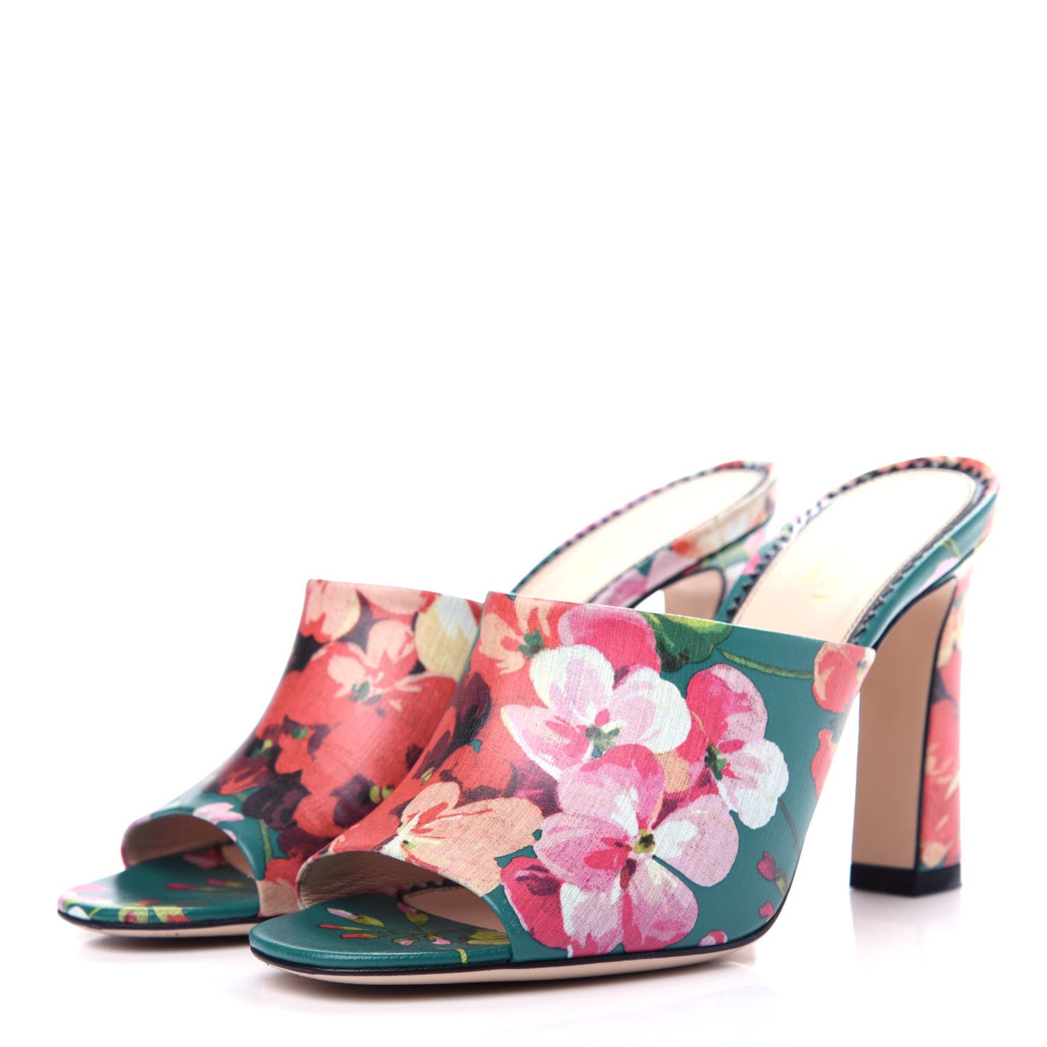 Gucci Calfskin Blooms Print High Heel Slide Sandals 37 Bright Emerald Multicolor 3 of 11
