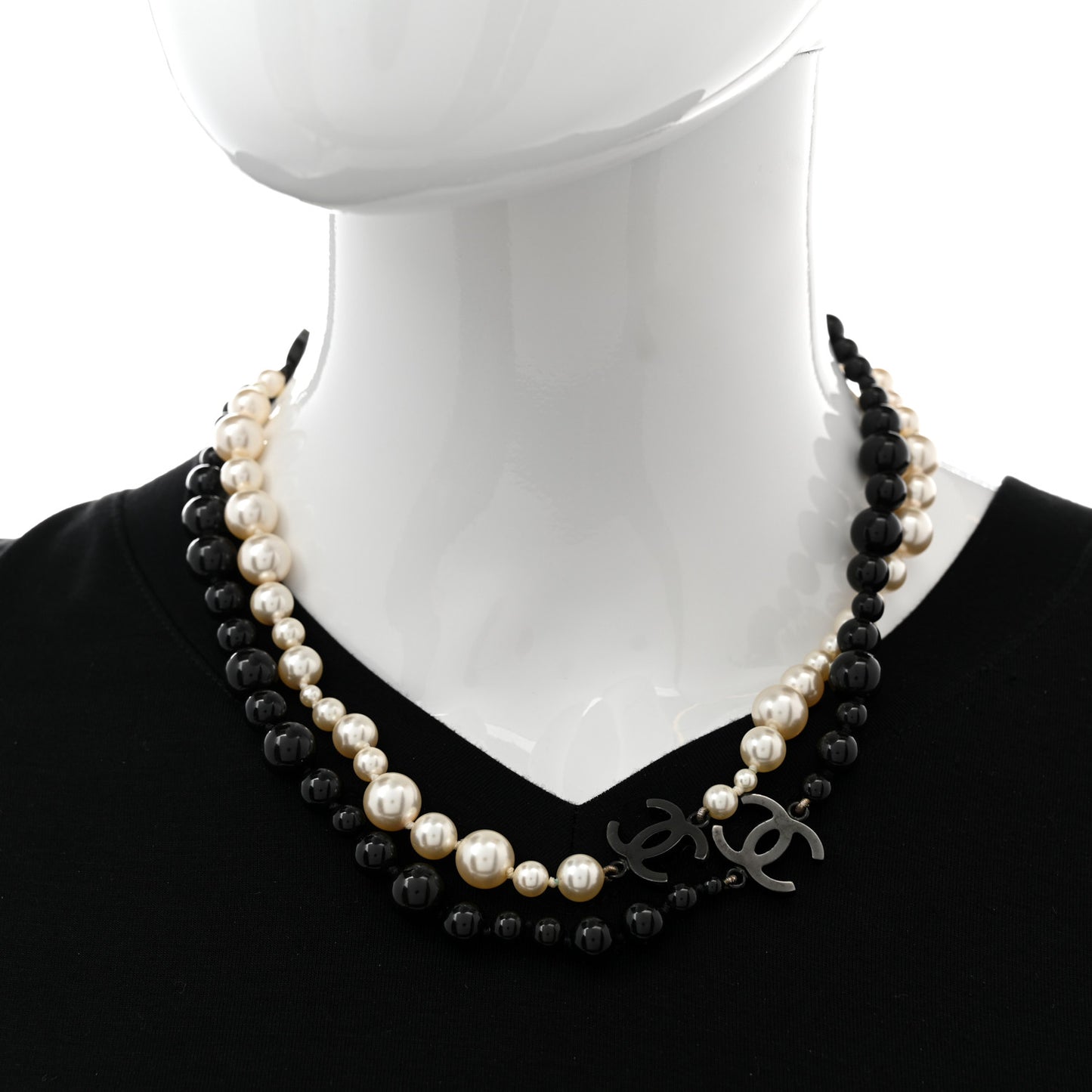 Pearl CC Beaded Long Necklace Black White