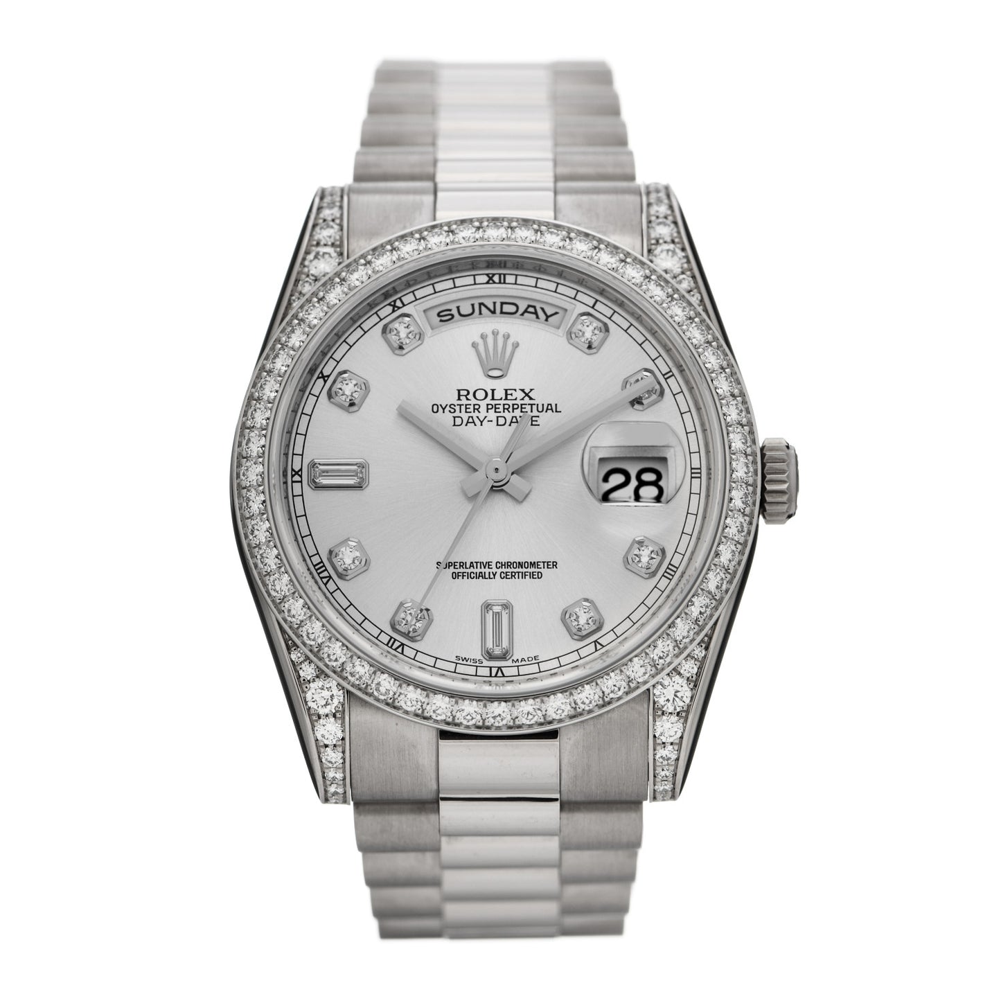 18K White Gold Diamond Bezel 36mm Oyster Perpetual Day-Date President Watch Silver 118389