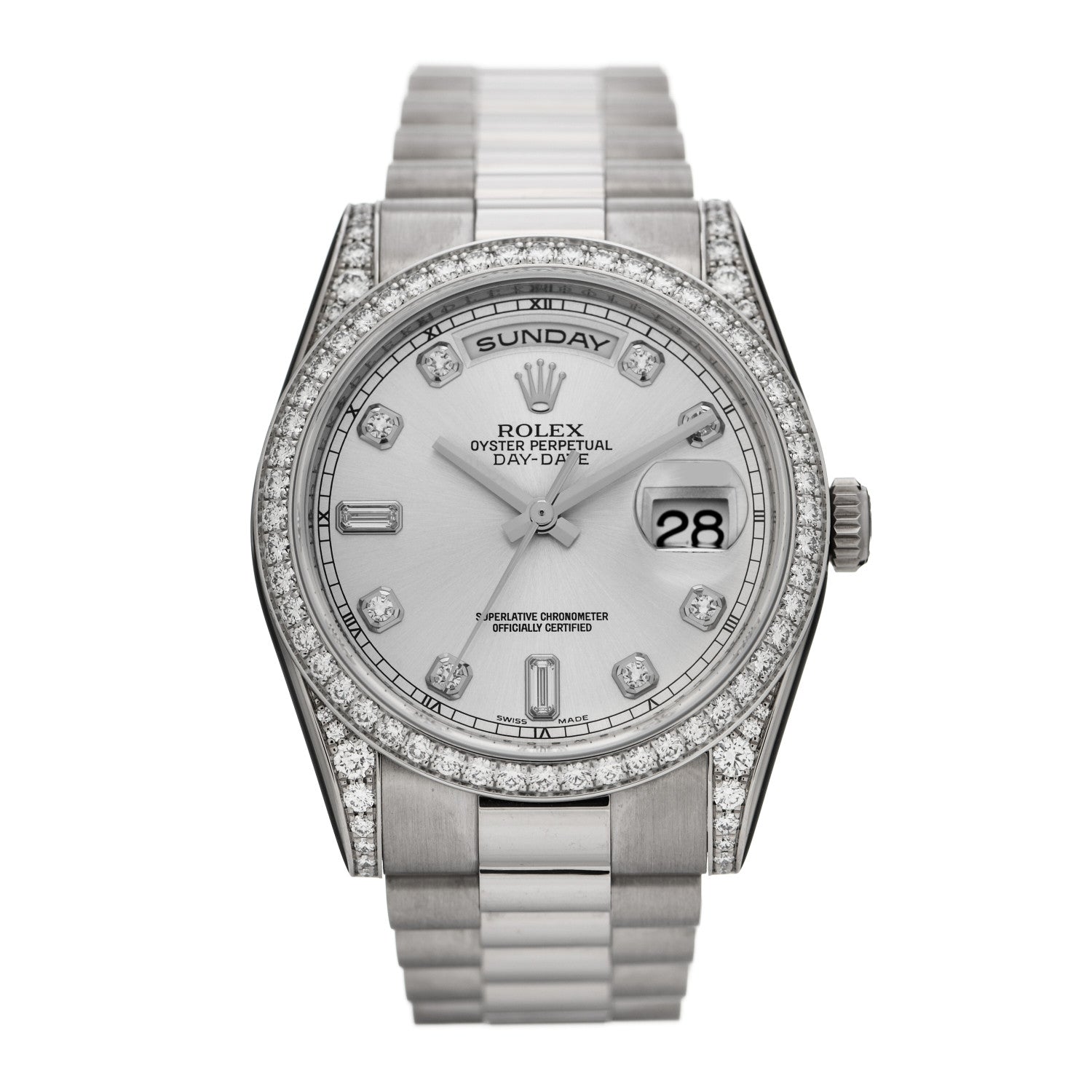 Rolex 18K White Gold Diamond Bezel 36mm Oyster Perpetual Day-Date President Watch Silver 118389 1 of 5