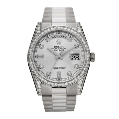 Rolex 18K White Gold Diamond Bezel 36mm Oyster Perpetual Day-Date President Watch Silver 118389 1 of 5