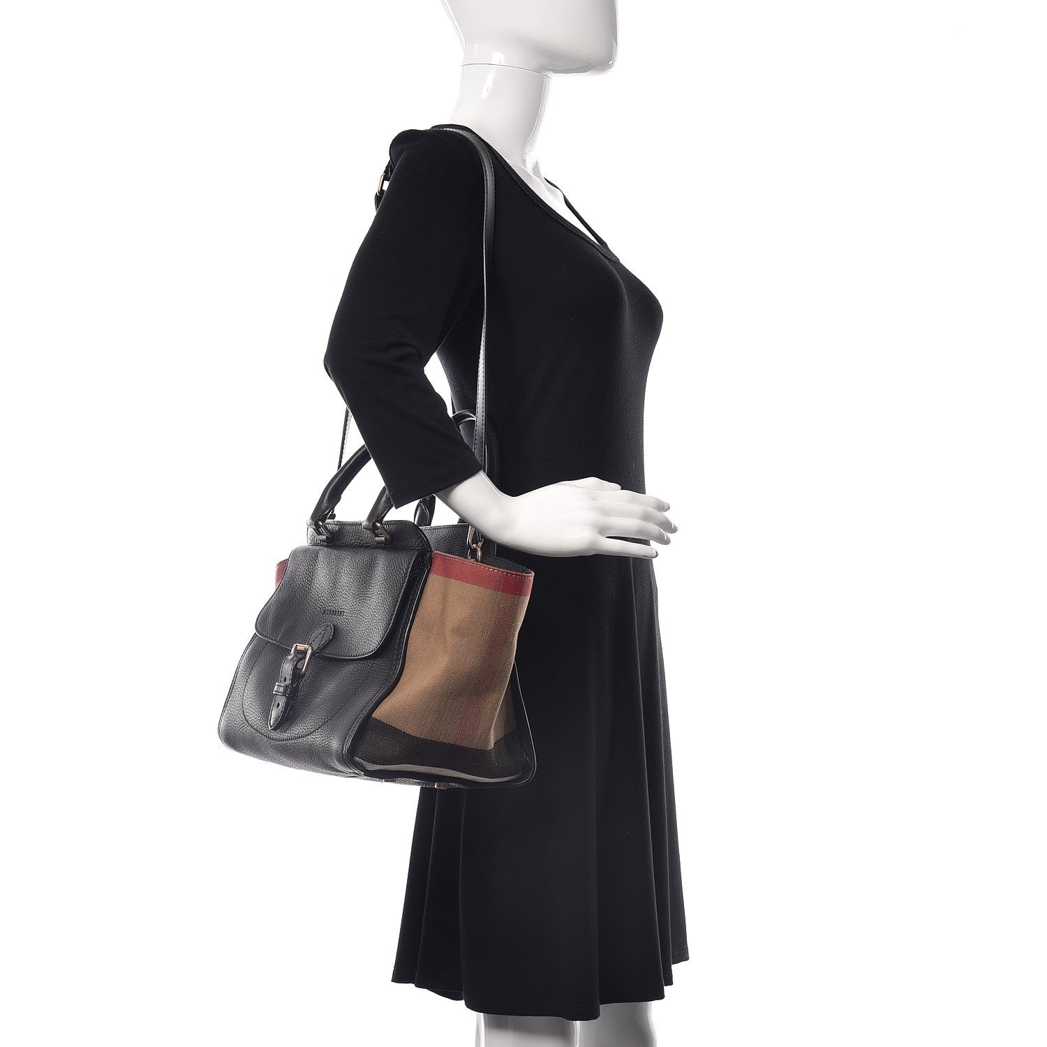 Burberry Canvas Mega Check Grained Calfskin Medium Harcourt Satchel Black 3 of 11