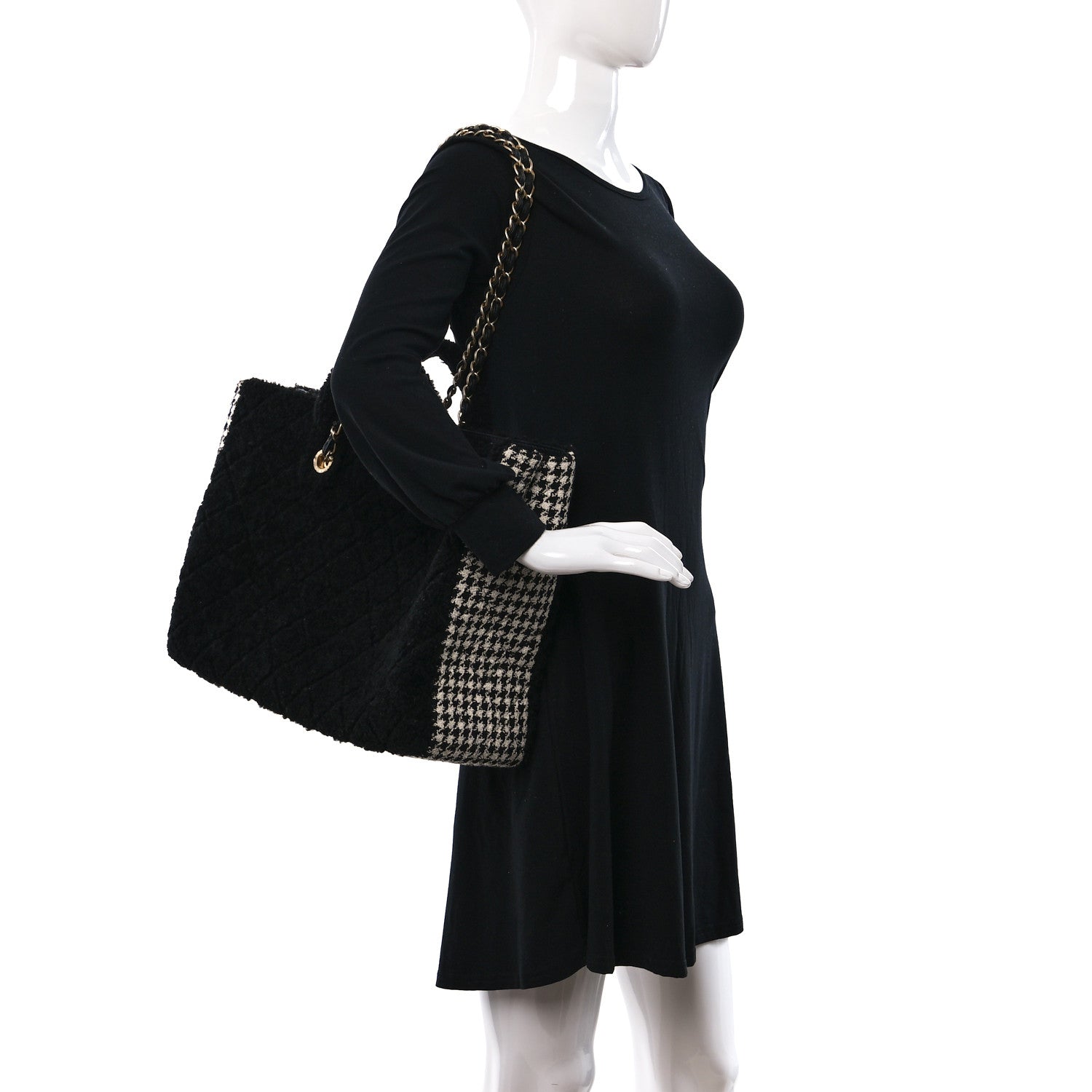 Chanel Shearling Tweed Shopper Tote Black 2 of 9