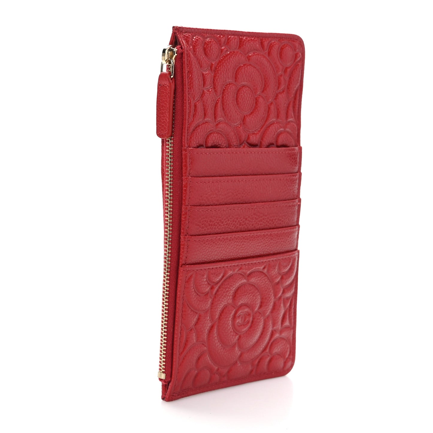 Caviar Camellia Embossed Classic Flat Wallet Pouch Red