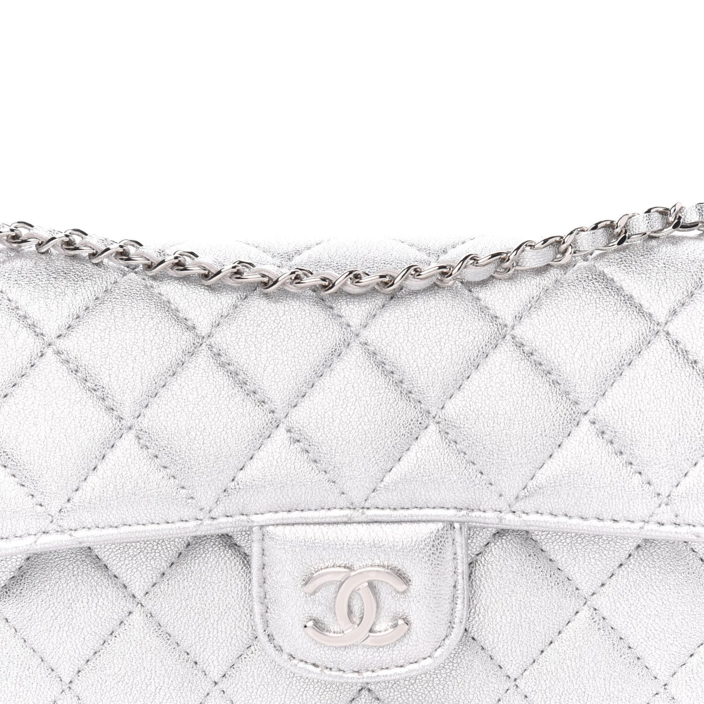 Metallic Lambskin Quilted Glasses Case With Chain Silver