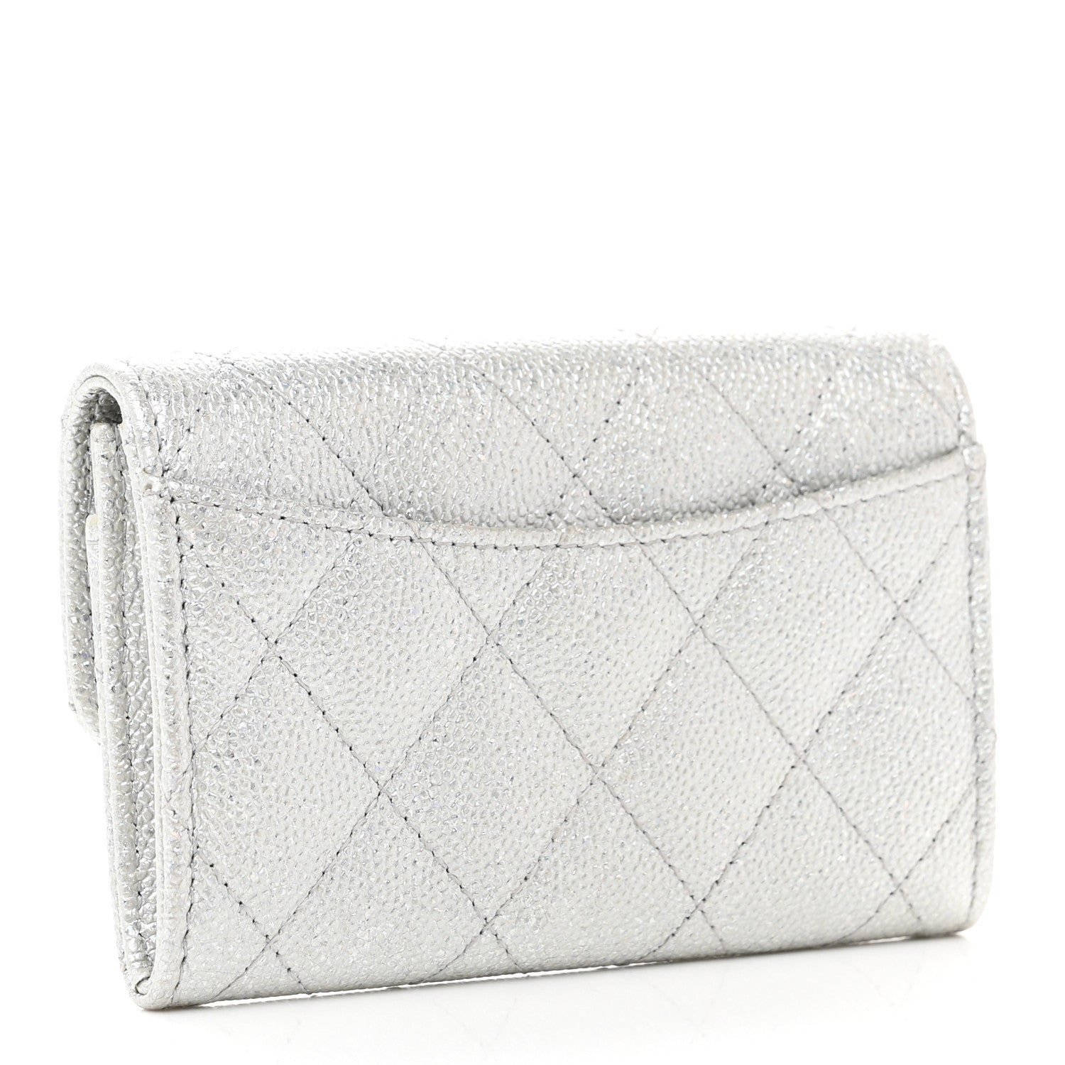 Chanel Glittered Metallic Caviar Quilted Flap Card Holder Wallet Silver 3 of 9