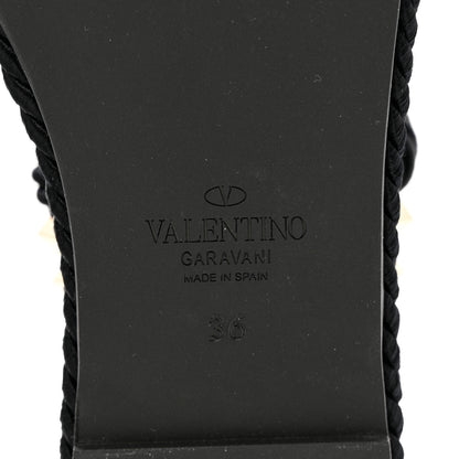 Valentino Garavani Calfskin Silk Woven Rockstud Torchon 55 Espadrille Sandals 36 Black 6 of 7