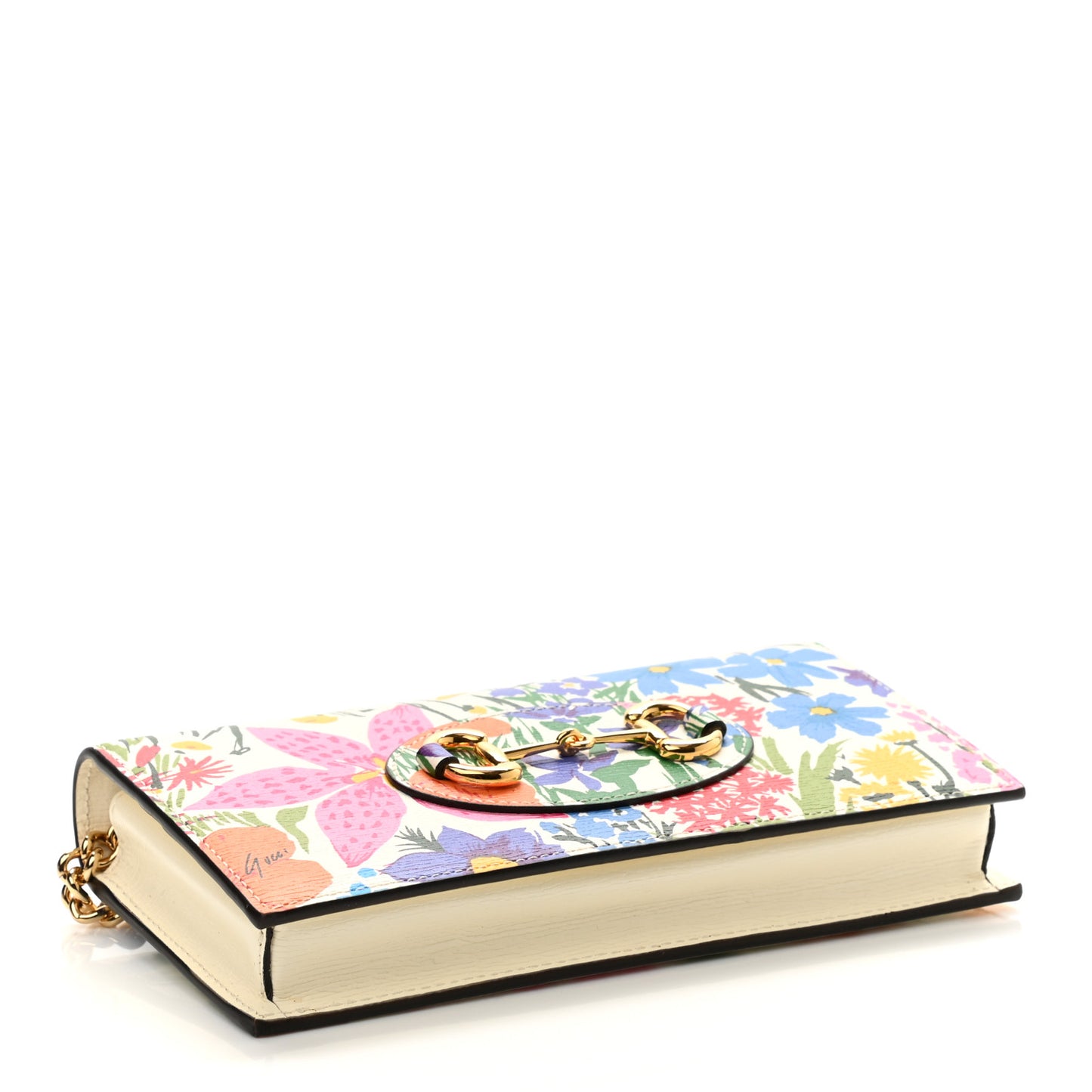 X KEN SCOTT New Shangai Calfskin Jardin D'Avril Floral Print Horsebit 1955 Wallet On Chain Ivory Pink