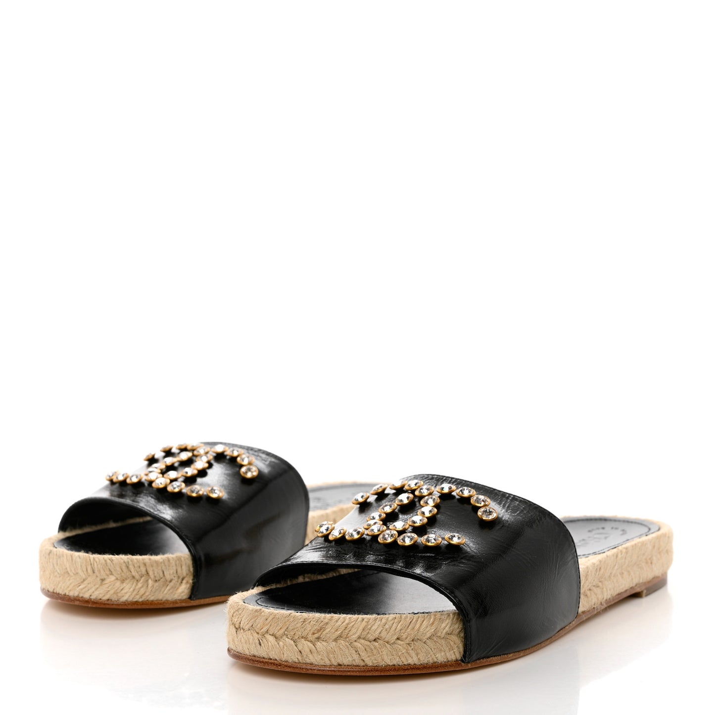 Patent Calfskin Crystal CC Espadrille Slip On Sandals 39 Black