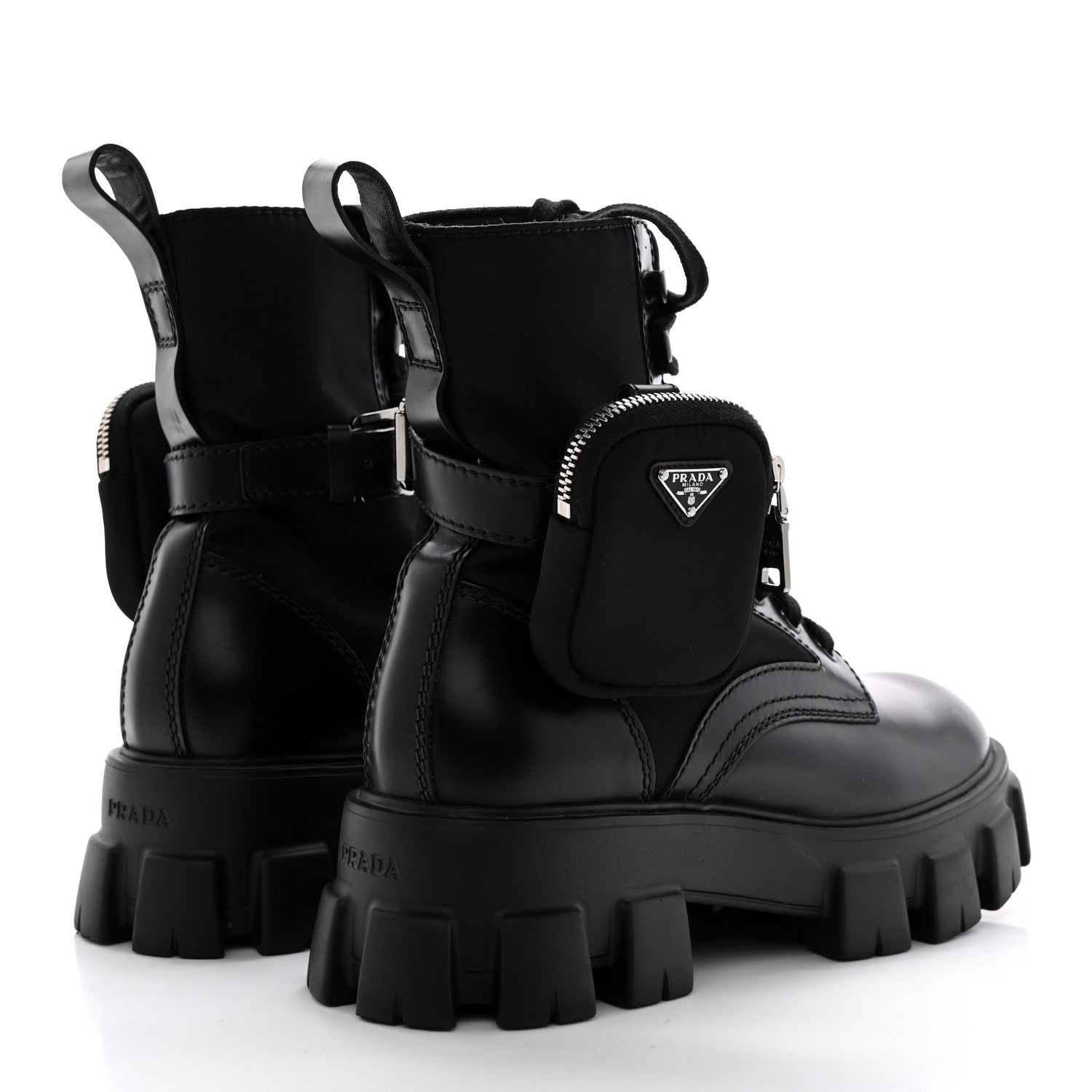 Prada Spazzolato Rois Re-Nylon Metal Triangle Logo Mens Monolith Pouch Pocket 60mm Combat Boots 7 Black 4 of 15