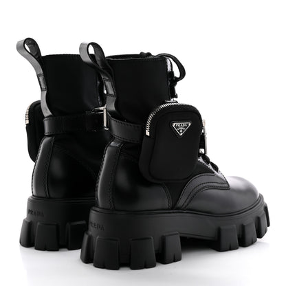 Prada Spazzolato Rois Re-Nylon Metal Triangle Logo Mens Monolith Pouch Pocket 60mm Combat Boots 7 Black 4 of 15