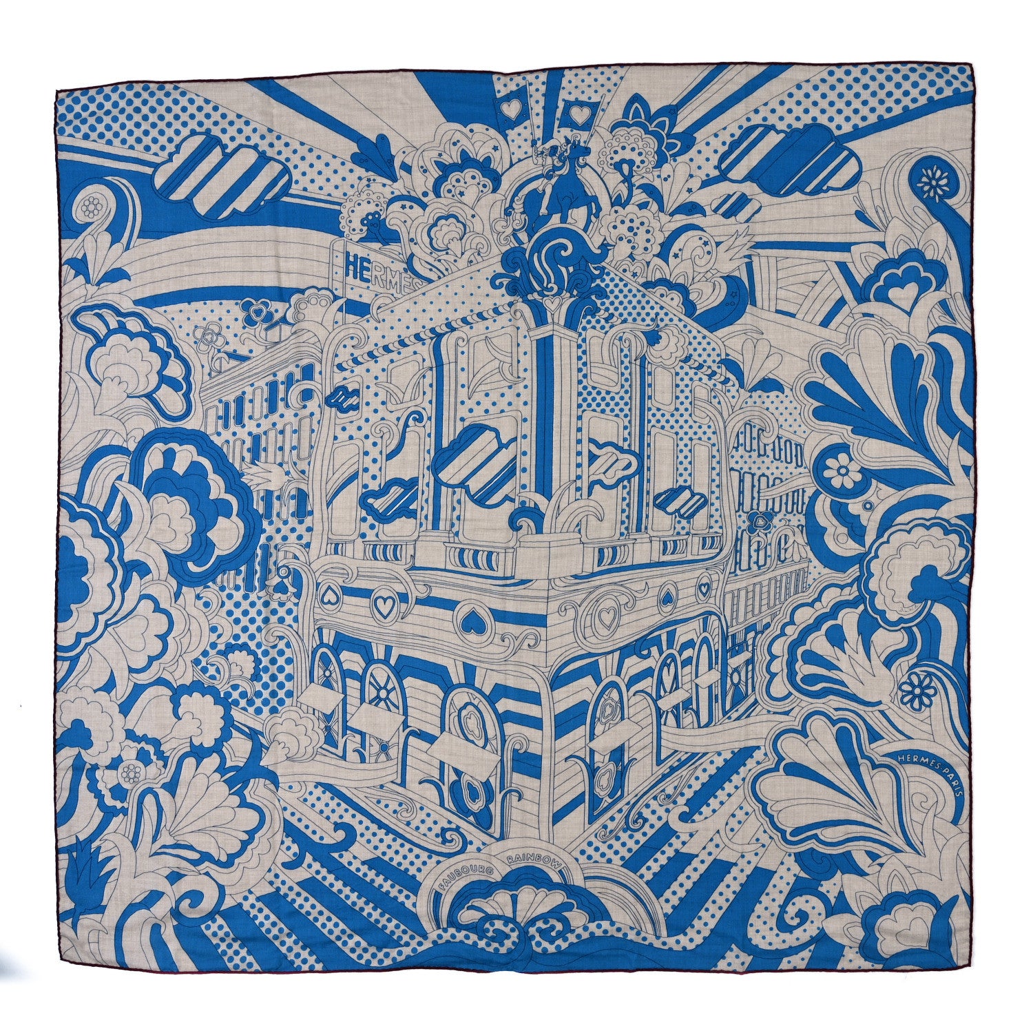 Hermes Cashmere Silk Faubourg Rainbow Shawl 140 Bleu White 1 of 4