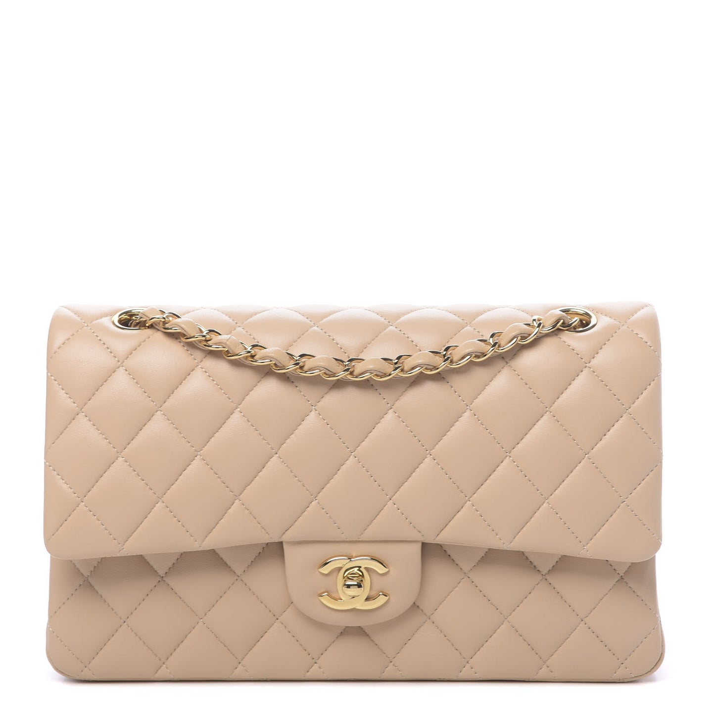 Lambskin Quilted Medium Double Flap Beige