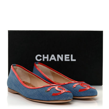 Chanel Denim Patent CC Ballerina Flats 37 Blue Red 9 of 9